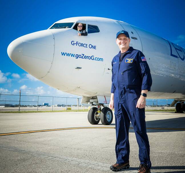 Kevin Sproge in front of Zero-G aircraft (pic: Steve Boxall, Zero-G)